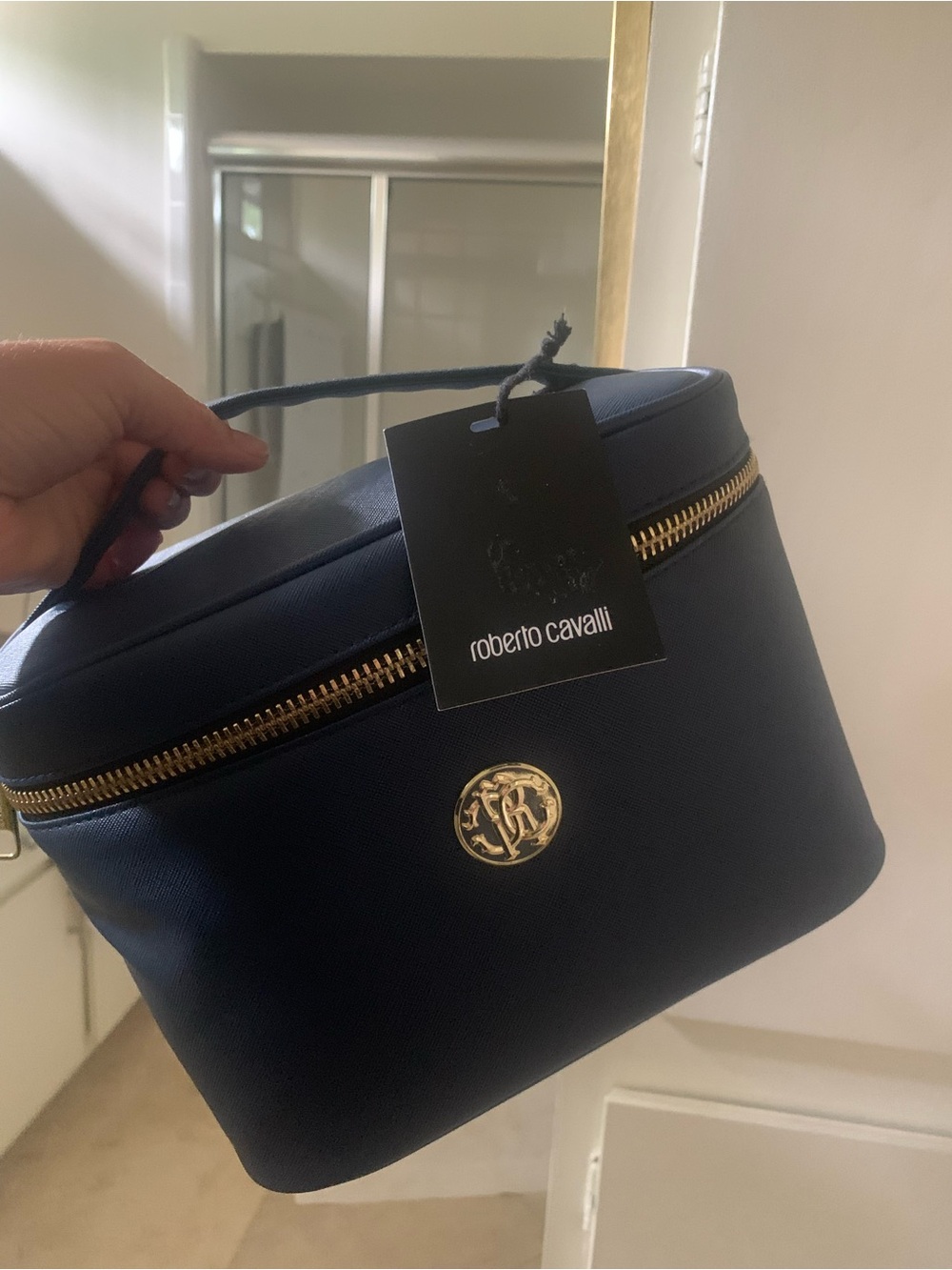 Roberto Cavalli Navy Train Case with Gold Hardware